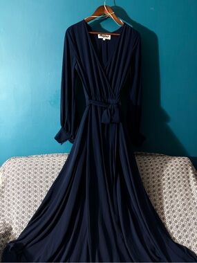 Meghan LA Navy Blue Long Sleeve Wrap Maxi Dress